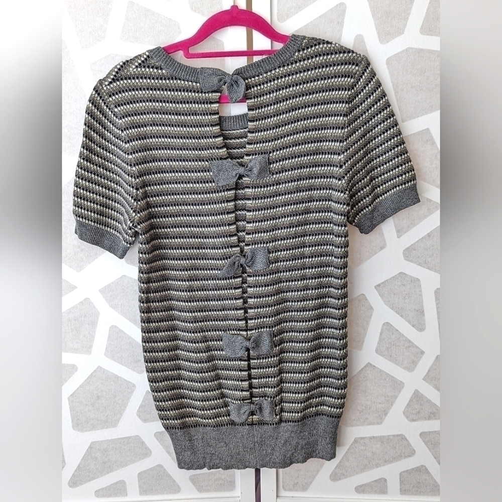 French Connection stripe metallic short sleeve now back retro sweater